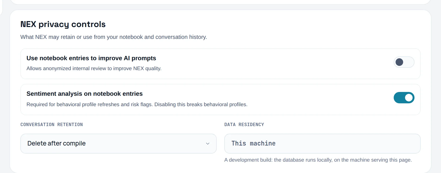 NEX privacy controls with the Sentiment analysis on notebook entries switch