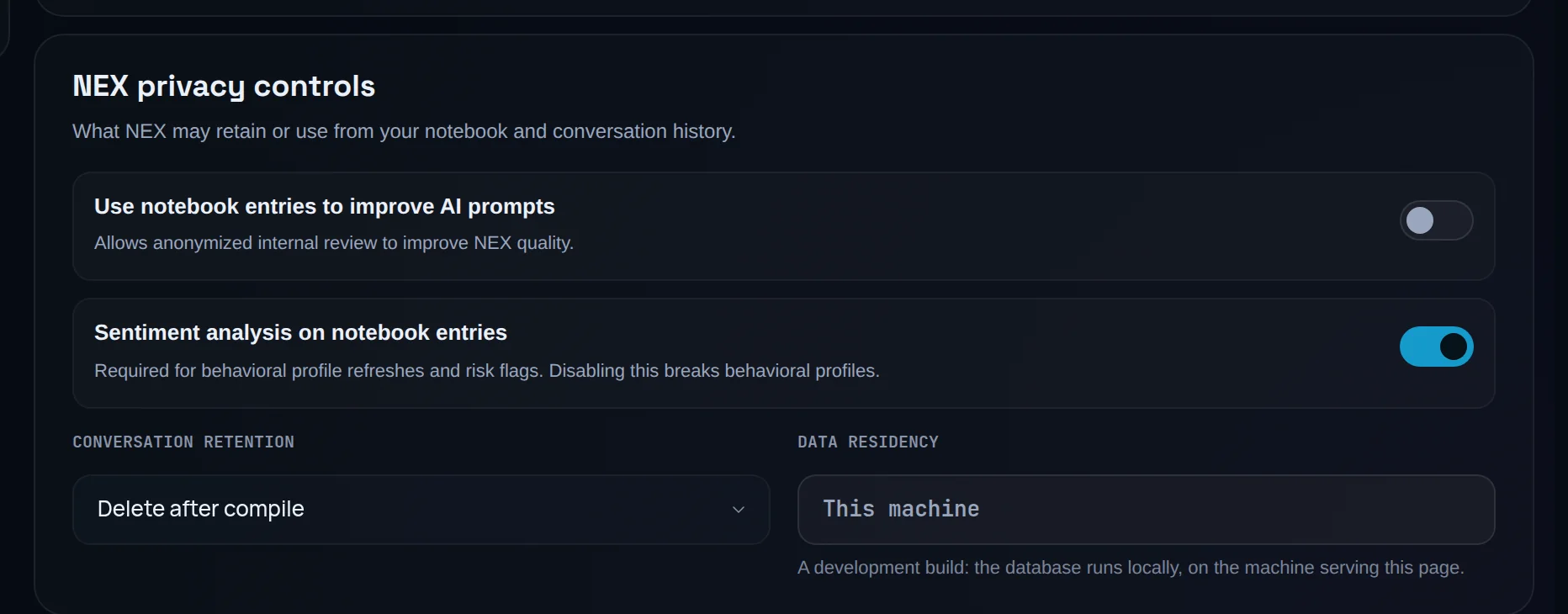 Settings, Data & privacy: NEX privacy controls with the notebook consent switch, the sentiment analysis switch, conversation retention and data residency.