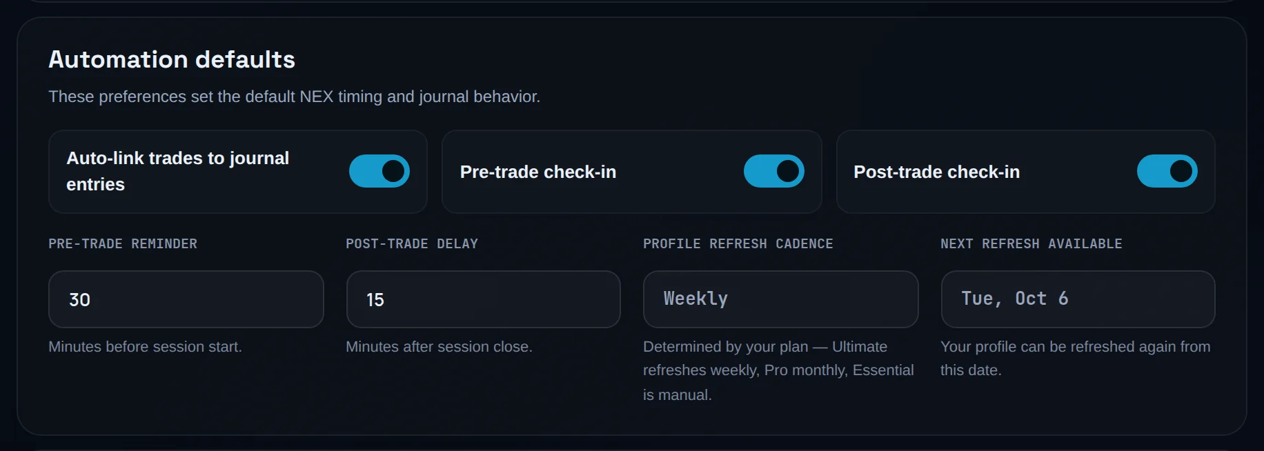 Automation defaults: Auto-link, Pre-trade and Post-trade check-in switched on, Pre-trade reminder 30, Post-trade delay 15, profile refresh Weekly