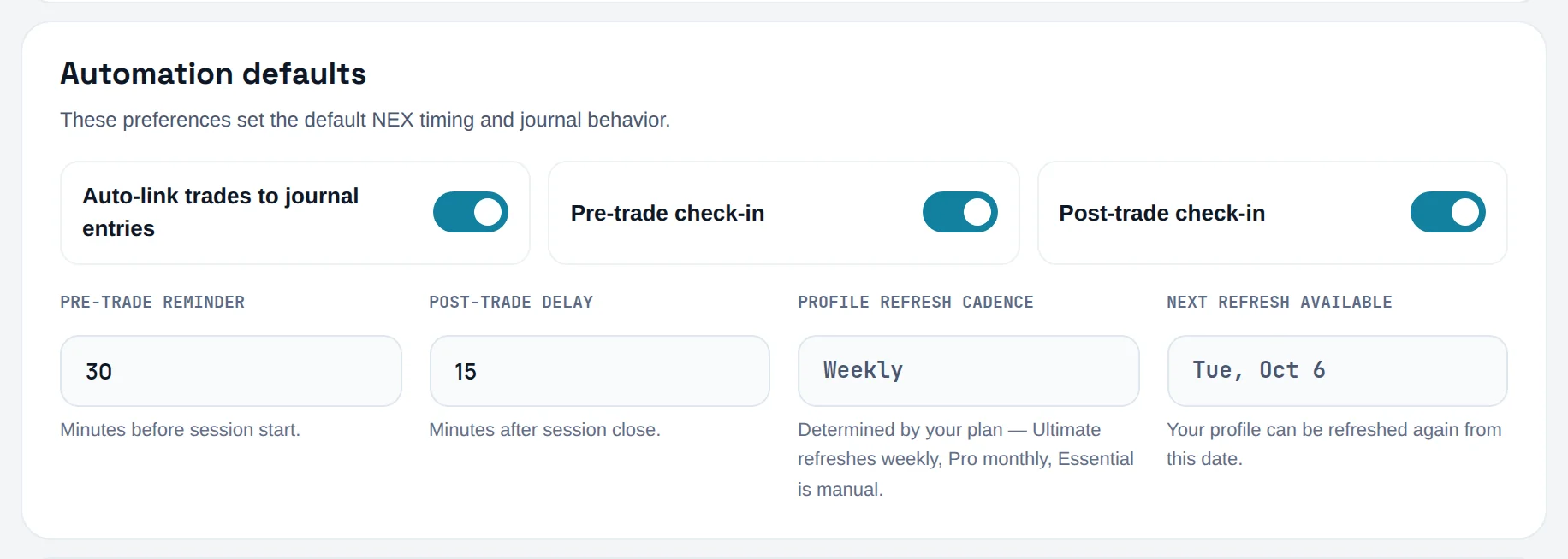 Automation defaults: Auto-link, Pre-trade and Post-trade check-in switched on, Pre-trade reminder 30, Post-trade delay 15, profile refresh Weekly