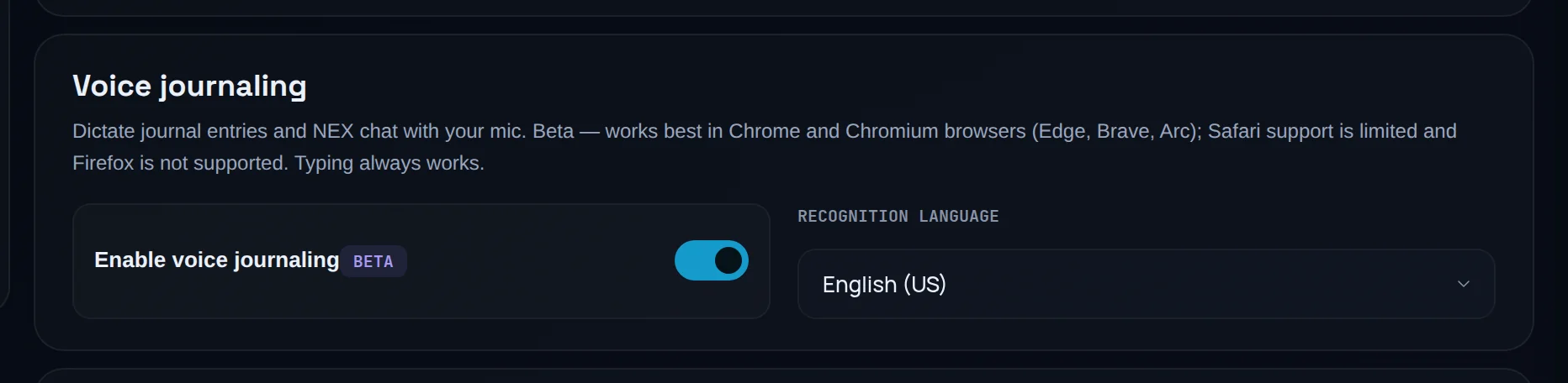 Voice journaling settings with the Enable voice journaling switch and the Recognition language menu