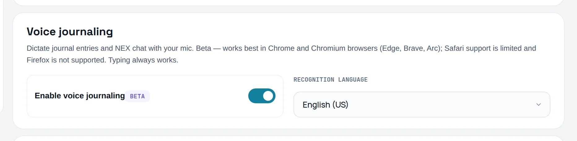 Voice journaling settings with the Enable voice journaling switch and the Recognition language menu