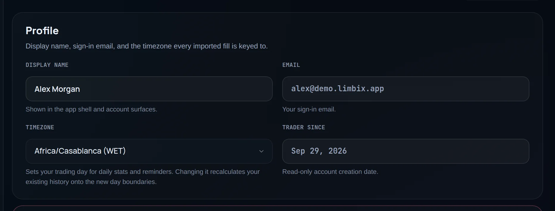 Profile section with Display name, Email, Timezone and Trader since