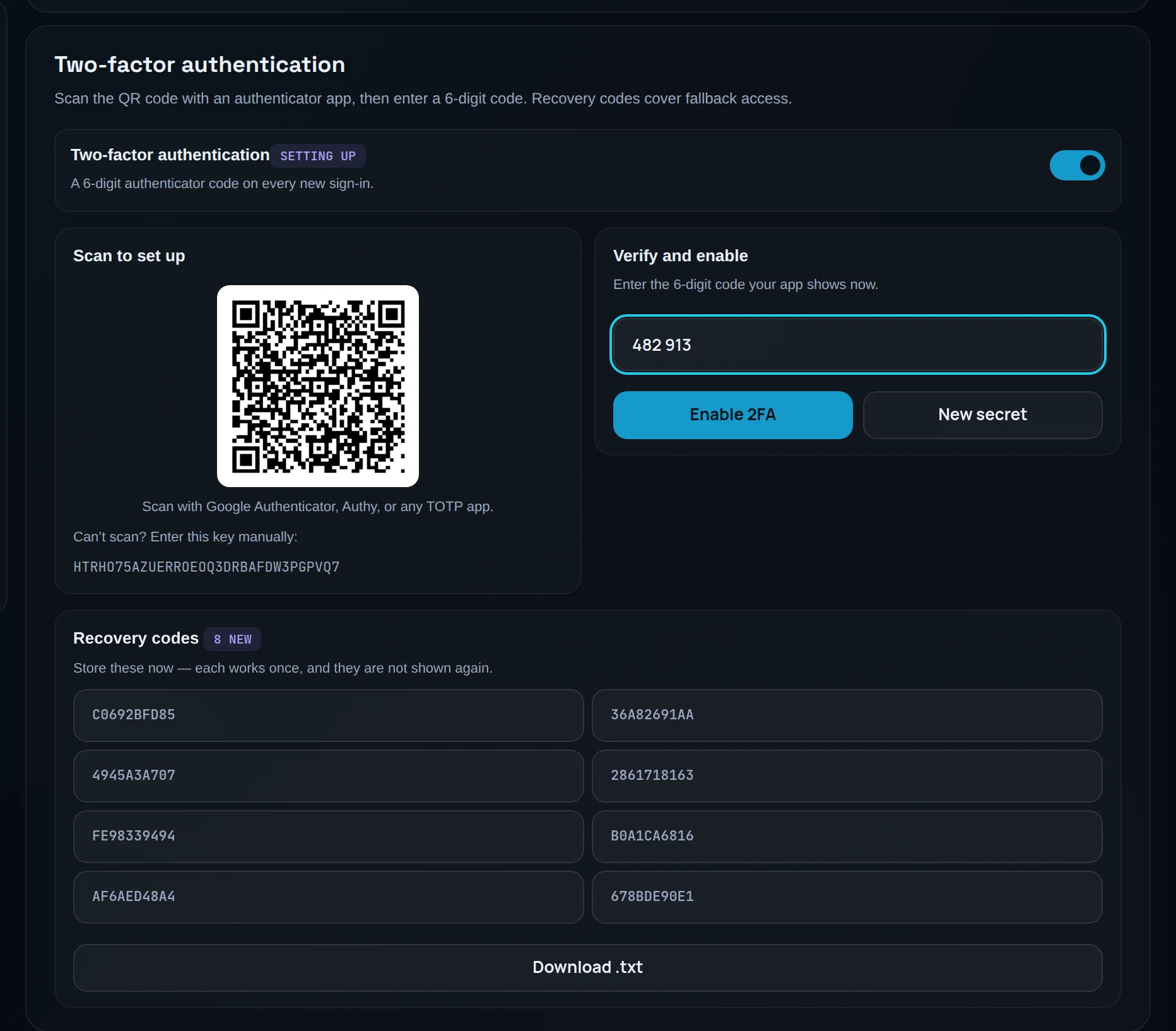 Two-factor authentication with the Scan to set up QR code and the Verify and enable code field