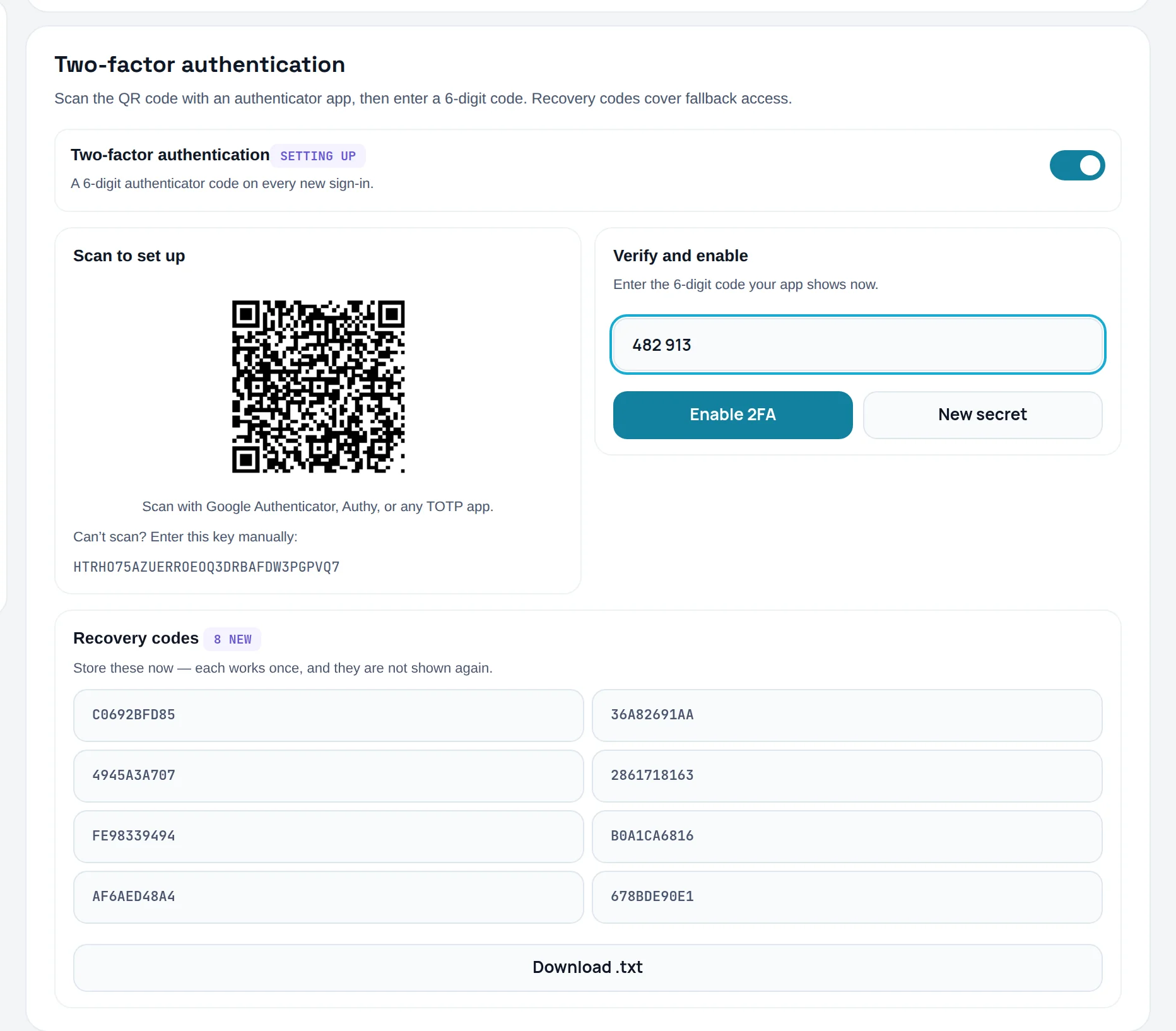 Two-factor authentication with the Scan to set up QR code and the Verify and enable code field