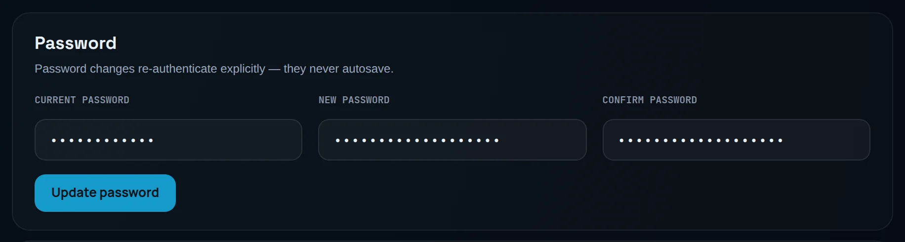 Password card with Current password, New password and Confirm password filled in (masked) and the Update password button