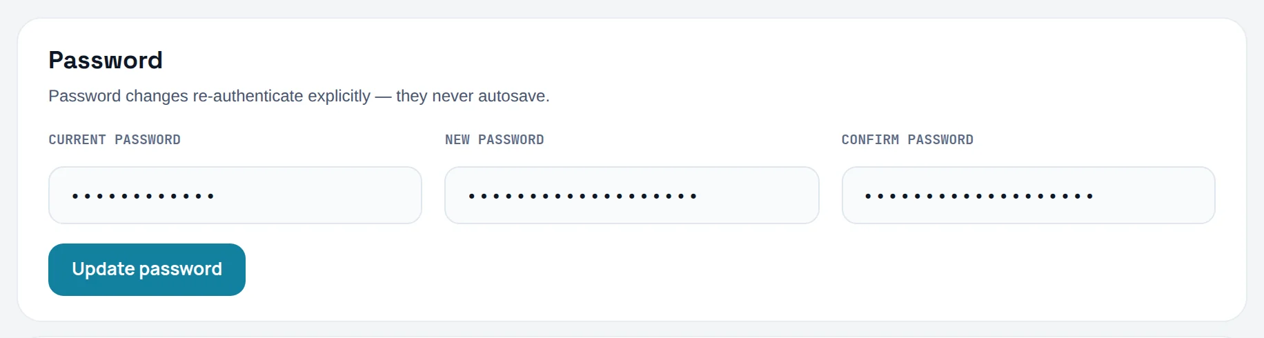 Password card with Current password, New password and Confirm password filled in (masked) and the Update password button