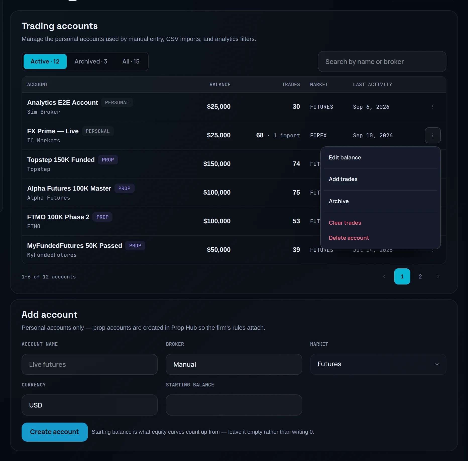 Trading accounts list with the row actions menu open and the Add account card below
