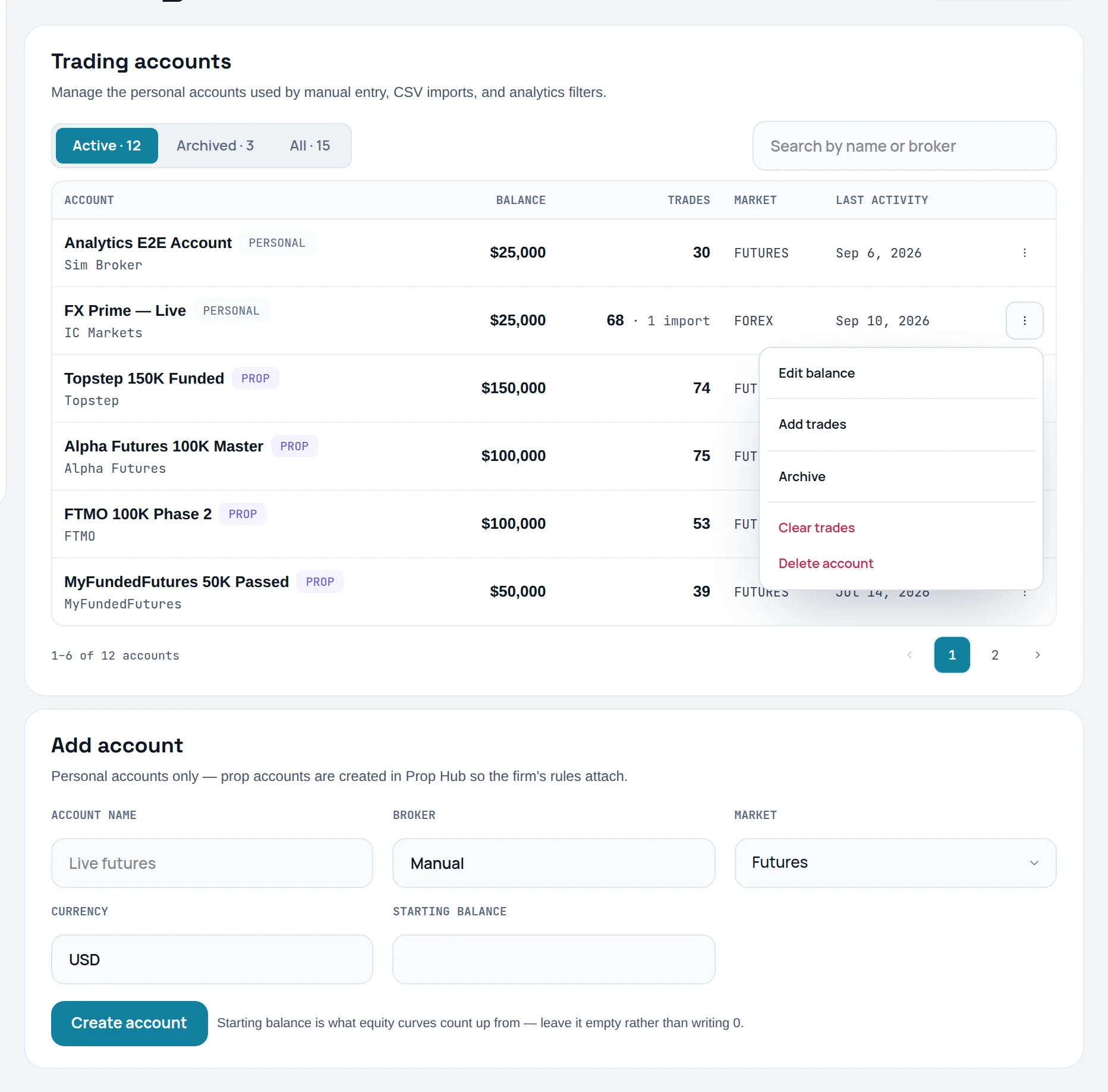 Trading accounts list with the row actions menu open and the Add account card below