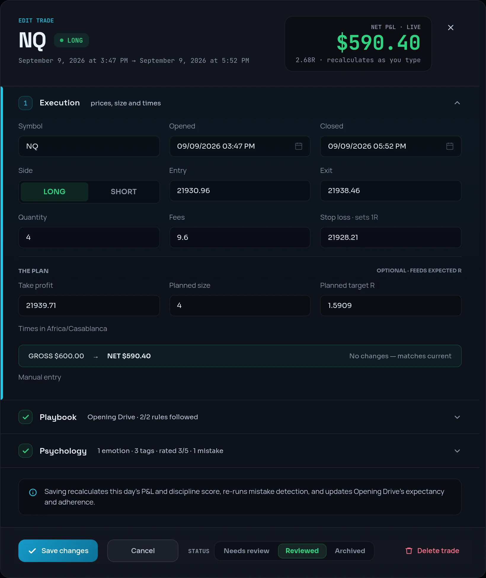 Trade edit panel with Execution, Playbook and Psychology sections and the live net P&L