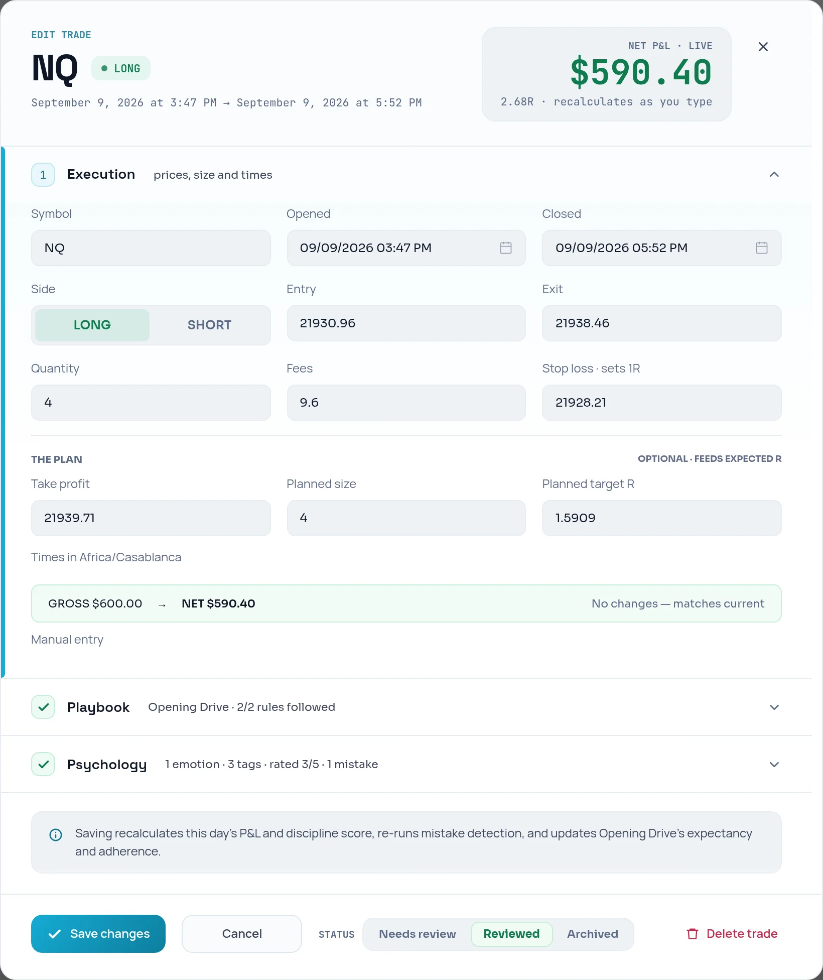 Trade edit panel with Execution, Playbook and Psychology sections and the live net P&L