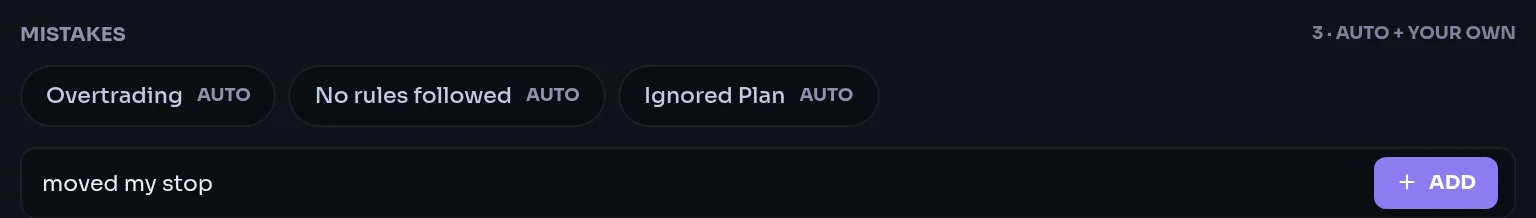 MISTAKES list with AUTO-badged detected mistakes and the custom mistake input