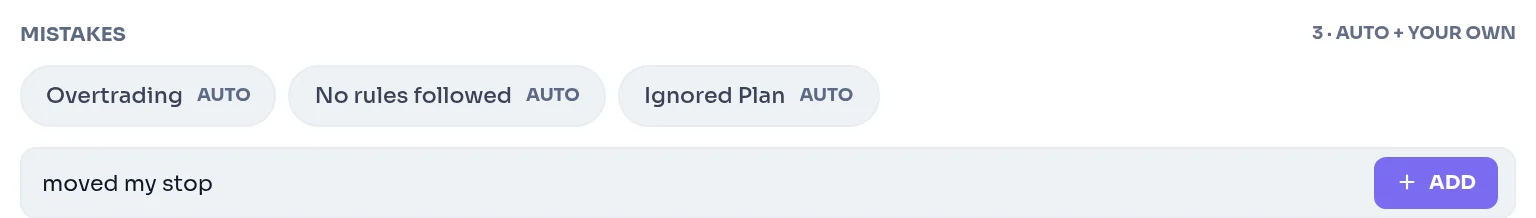 MISTAKES list with AUTO-badged detected mistakes and the custom mistake input