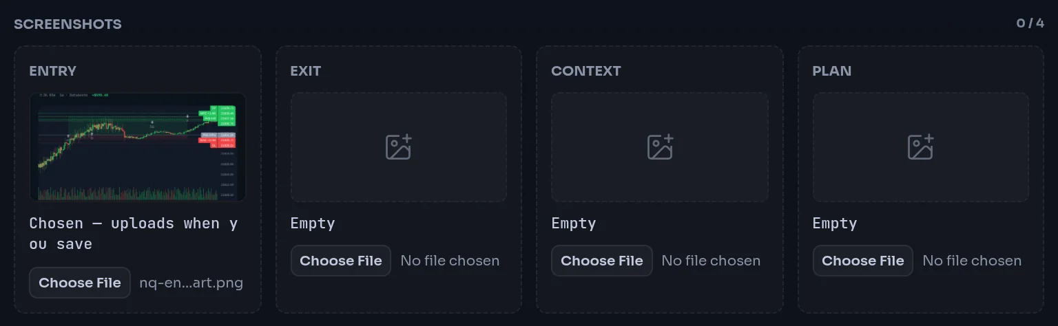 SCREENSHOTS slots ENTRY, EXIT, CONTEXT and PLAN with one image chosen