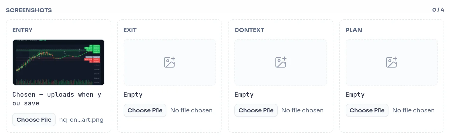 SCREENSHOTS slots ENTRY, EXIT, CONTEXT and PLAN with one image chosen