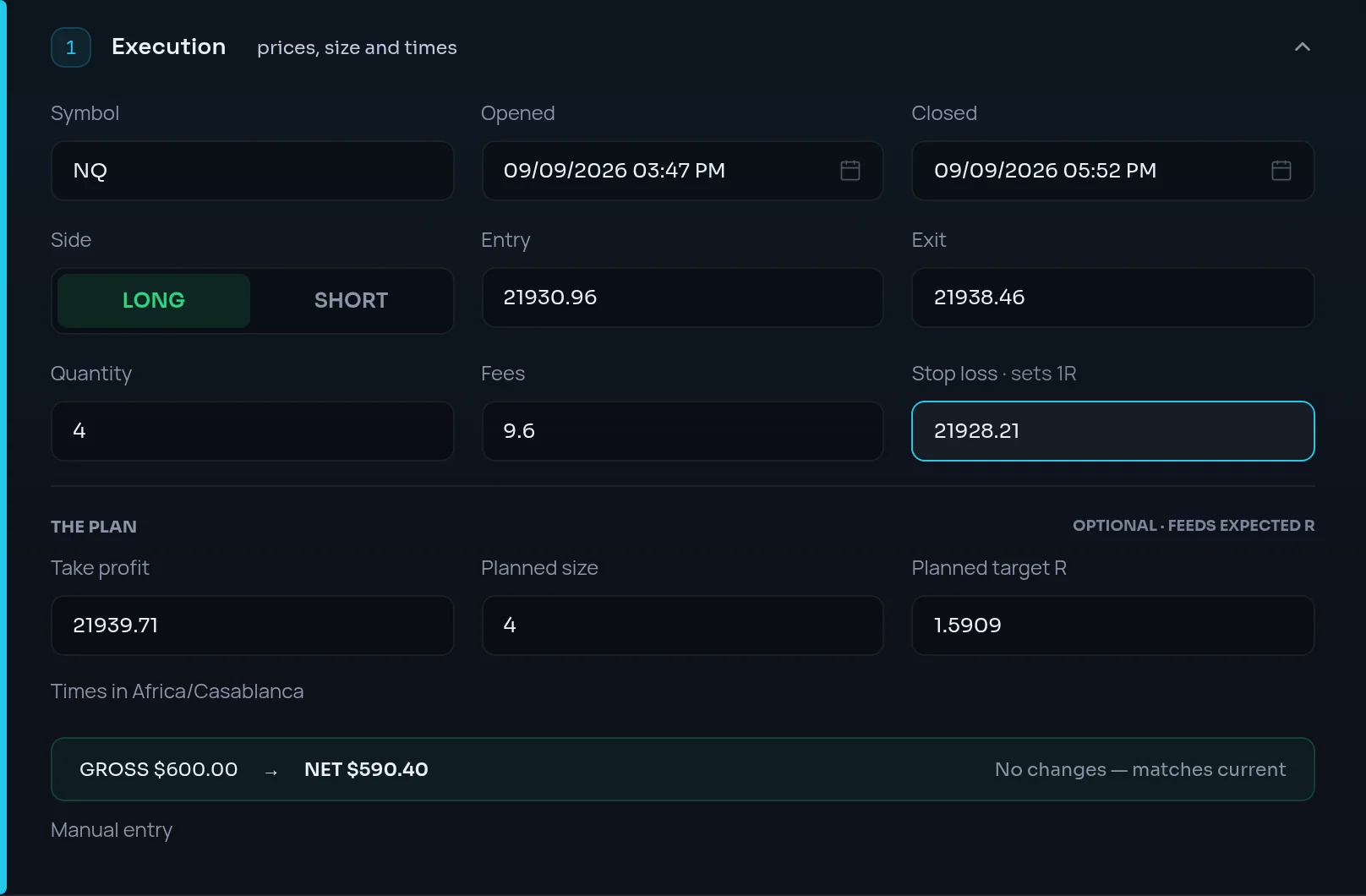 Execution section with the Stop loss field marked sets 1R