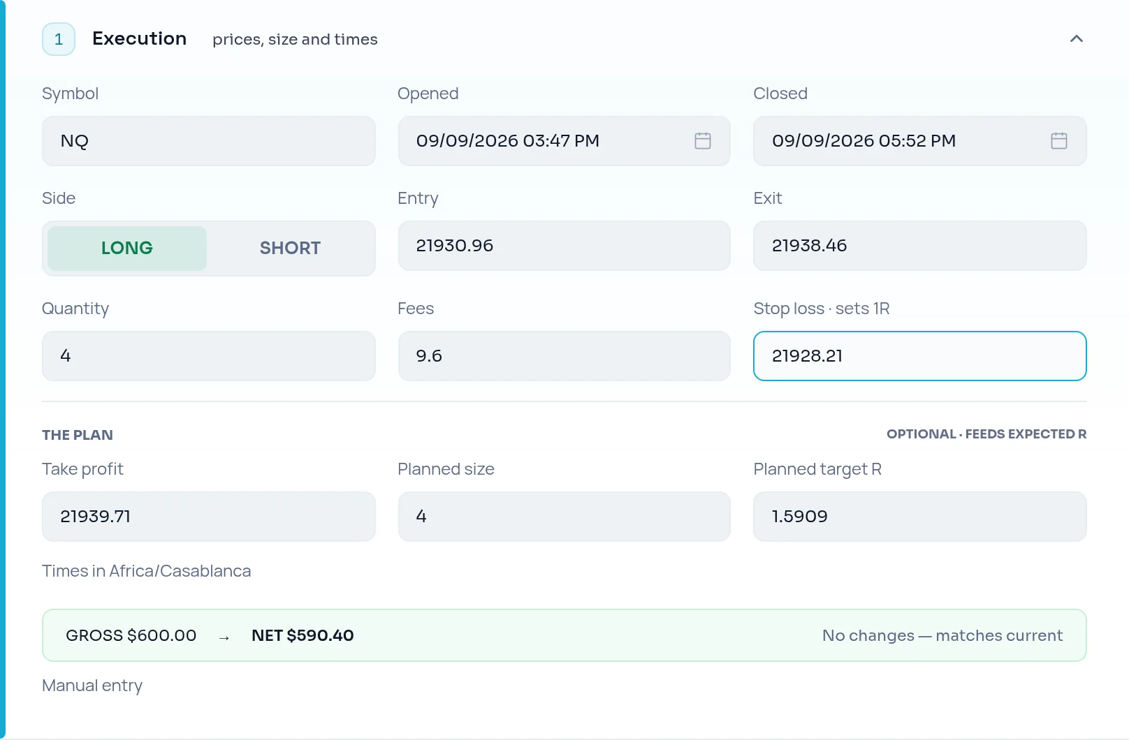 Execution section with the Stop loss field marked sets 1R