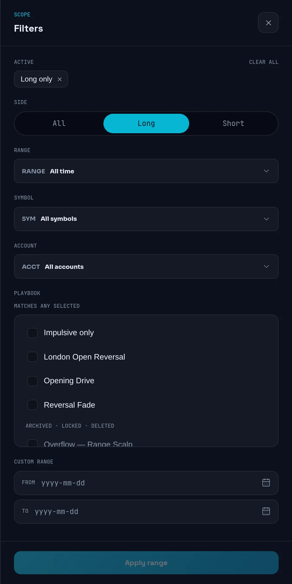 Trade log Filters panel with Side, Range, Symbol, Account and Playbook controls