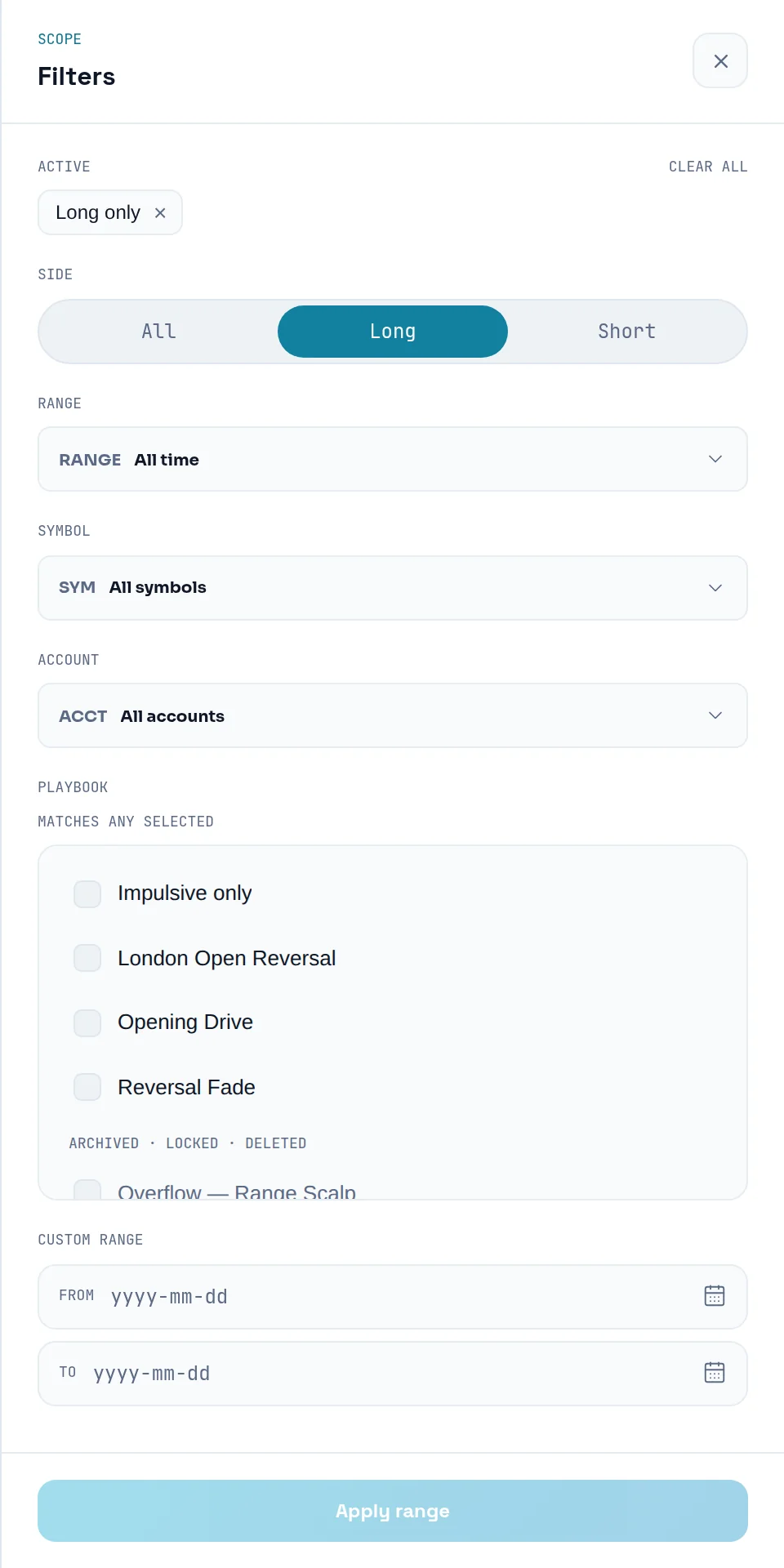 Trade log Filters panel with Side, Range, Symbol, Account and Playbook controls